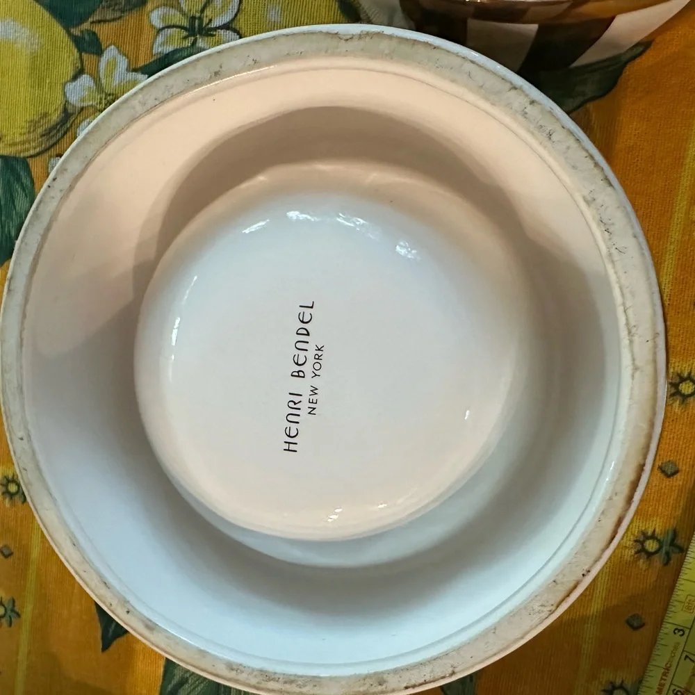 Vintage Henri Bendel Centennial Stripe and Gold Rimmed Pet Bowl Pair in EUC